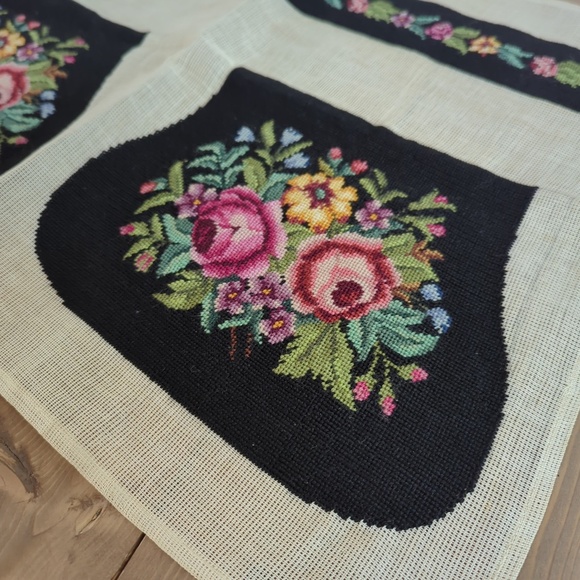 Vtg 50s 60s Needlepoint Embroidered Purse Bag Panels Floral Roses Black Linen - Picture 4 of 9
